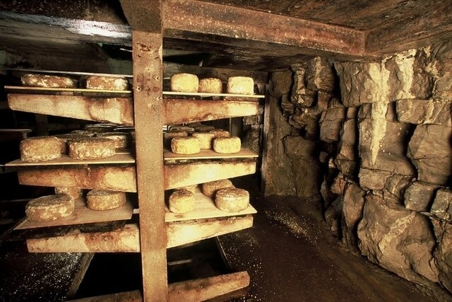 The image displays shelves of artisanal Allgäu cheese aged in a traditional, stone-walled cellar.