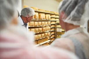 The image depicts several individuals standing in a storage room with shelves lined with wheel-shaped cheeses.