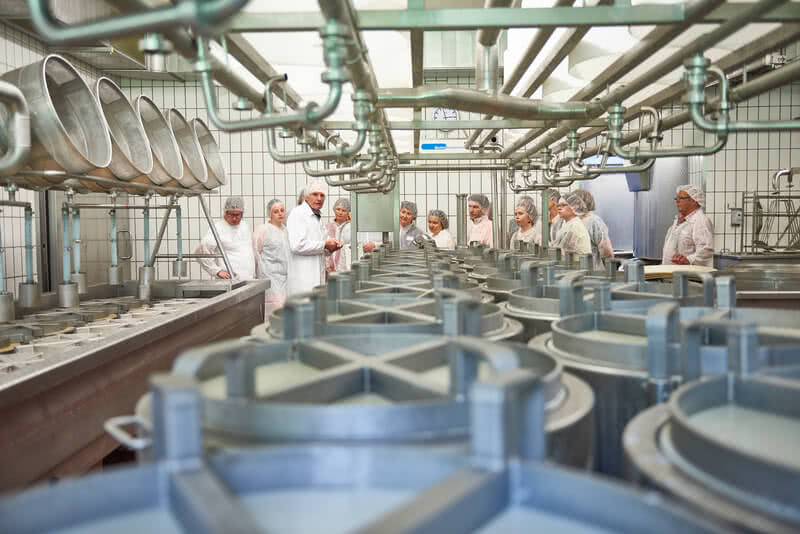 The photograph shows a group of visitors in our production room, standing beside tanks and fermenters, taking part in a guided tour of our organic cheese facility in the Allgäu.