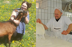 In the image, a person on the left embraces a goat, while on the right a cheesemaker tends to the curd in our Allgäu creamery.
