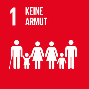 The image depicts the message ‘No Poverty’ and symbolises family members from different generations standing together.