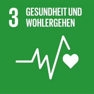 The image illustrates the third Sustainable Development Goal: Good Health and Well-being, symbolised by a heartbeat and a heart.