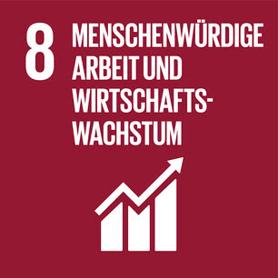 The image illustrates Goal 8 of the UN Sustainable Development Goals, which focuses on decent work and economic growth.
