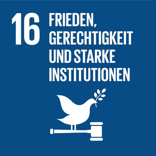 The image illustrates Goal 16 of the UN Sustainable Development Goals, which focuses on peace, justice and strong institutions.