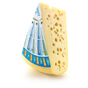 The image presents a piece of Emmental cheese, easily recognisable by its characteristic eyes and special packaging.
