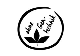 The image shows a logo featuring the words ‘ohne Gentechnik’ and a stylised leaf, indicating that the products are free from genetic modification.