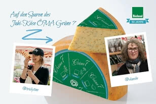 The image features the ‘ÖMA Grüne 7’ anniversary cheese from Bioland, expertly presented by a small group.