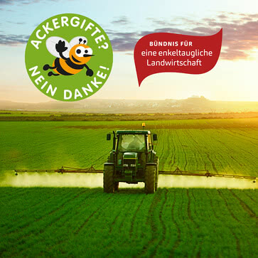 The image depicts a tractor spraying pesticides in a field, paired with a slogan urging an end to agricultural toxins and advocating for sustainable farming.