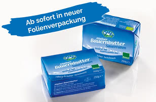 The image presents two packs of Allgäuer Bauernbutter in its new foil packaging.