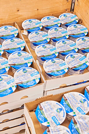 The image displays several packets of cottage cheese, neatly arranged in a wooden container.