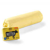The image presents a knob of butter and a packet of butter.