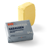 The image presents a packet of organic salted barrel butter alongside a portion of the butter.